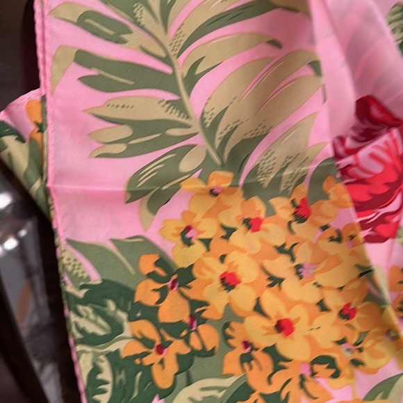 346 Brooks Brothers pink flower scraf with green and yellow accents. 55X14 size - Picture 4 of 5